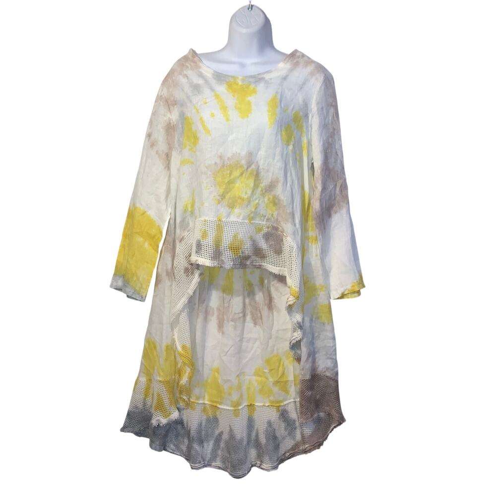 Belle France Tie Dye Italian Linen Tunic Top High Low Hem Crochet Trim Medium